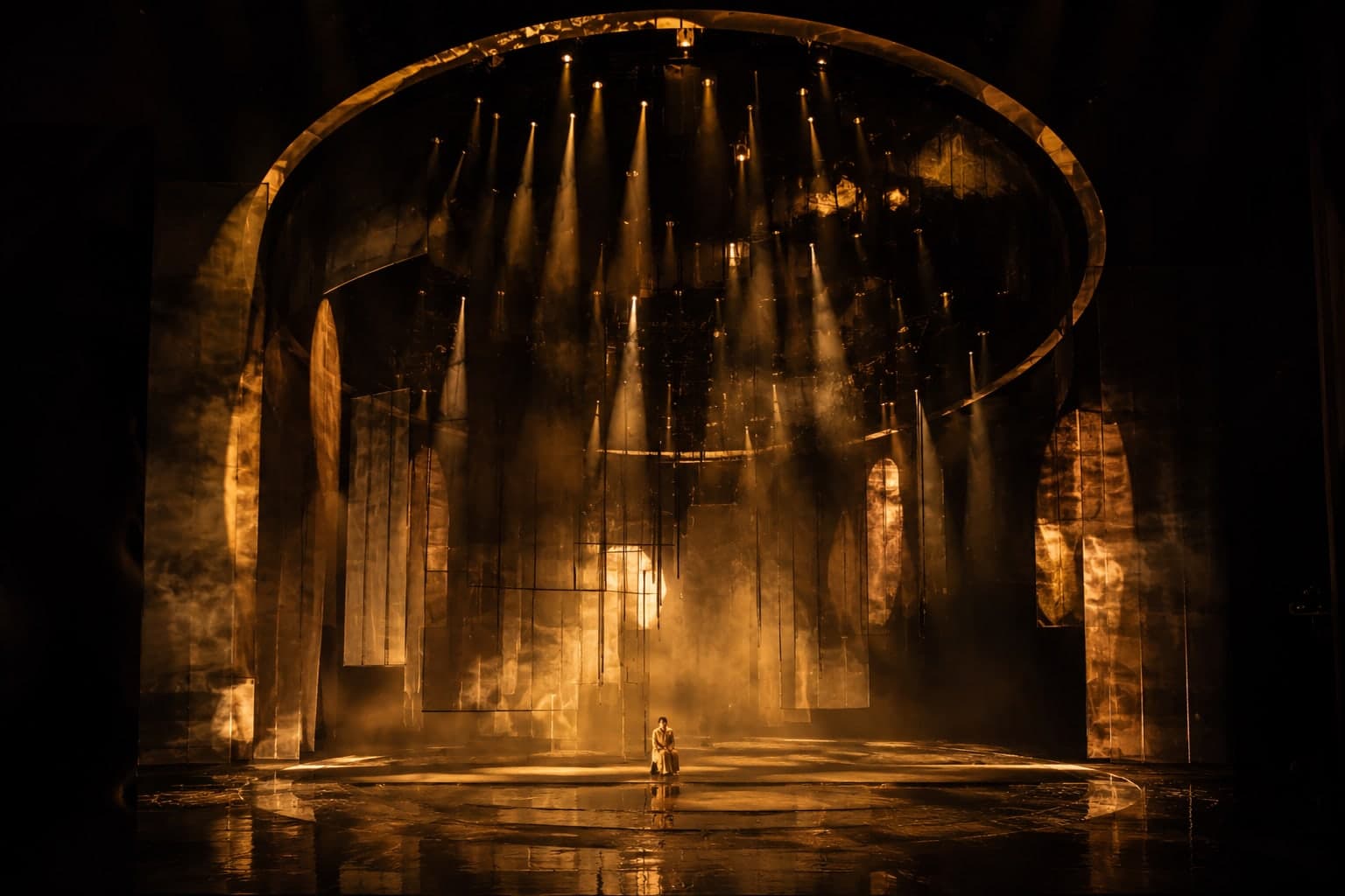 A single figure seated at the centre of a vast burnished amphitheatre, shafts of light falling through haze from a great elliptical ring overhead onto a mirrored floor.