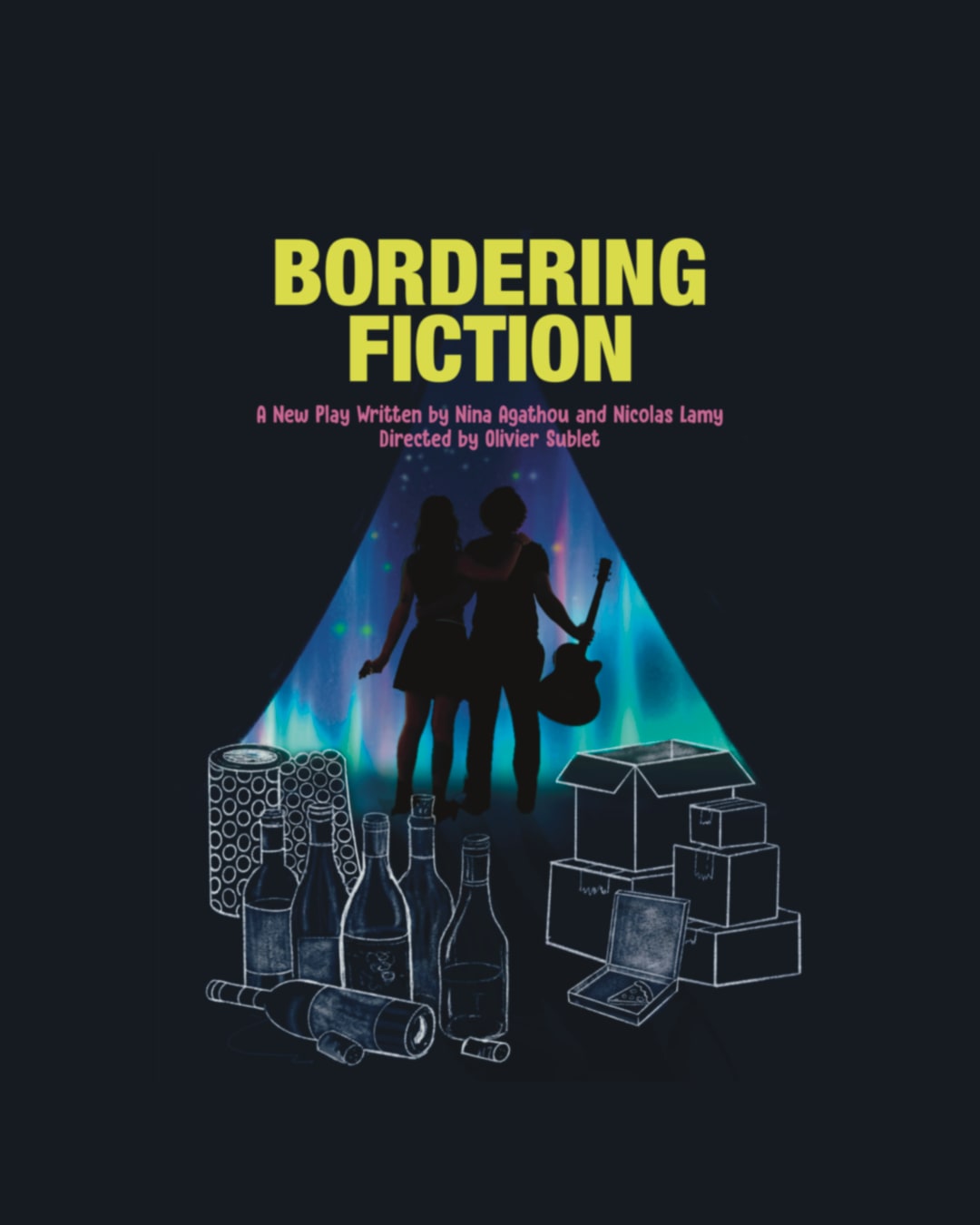 Bordering Fiction — three silhouetted figures against a lit stage.