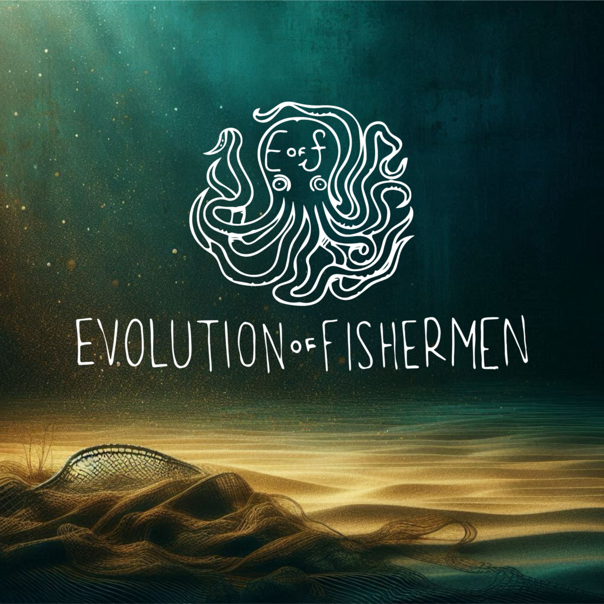 Evolution of Fishermen — a fish rendered in line over a dark shore.