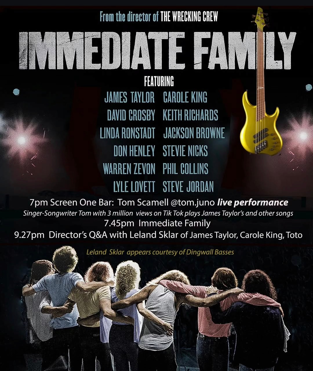 Immediate Family — the band photographed from behind, arms around each other, facing a crowd.