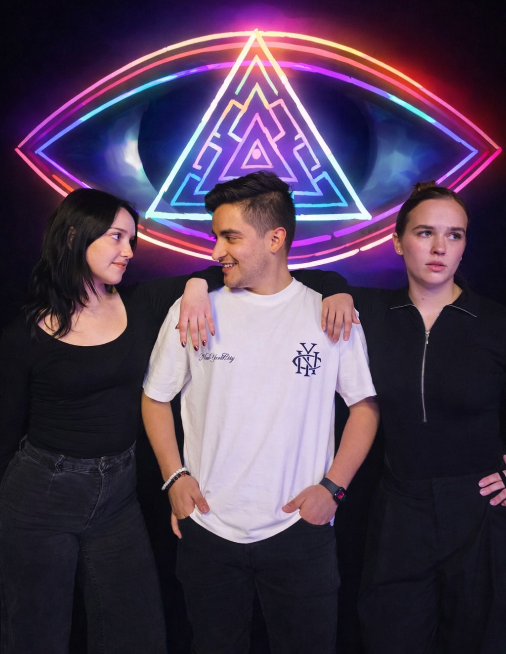 Three performers before a neon eye, a triangular labyrinth burning at its centre.