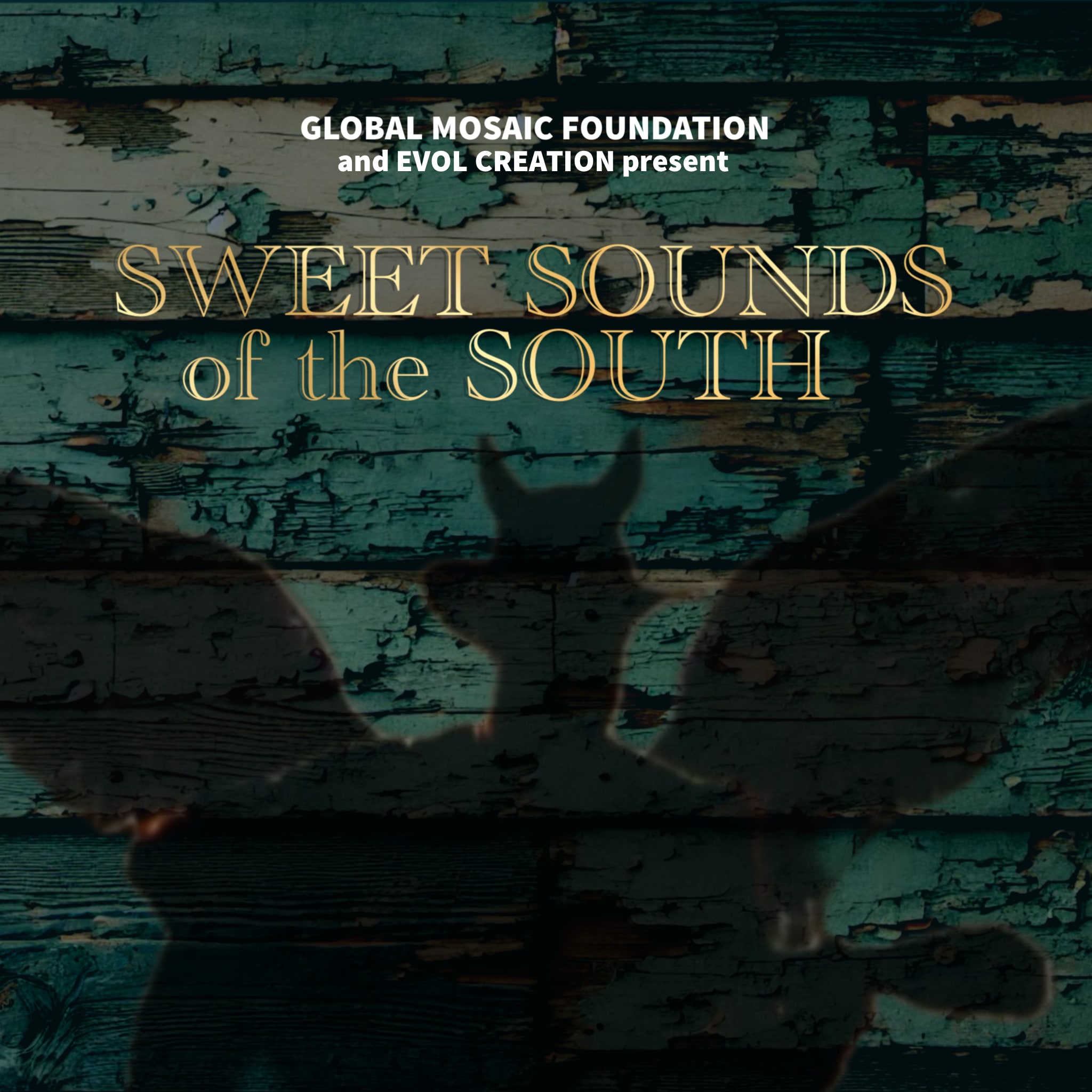 Sweet Sounds of the South — lettering on a weathered blue-green wall.