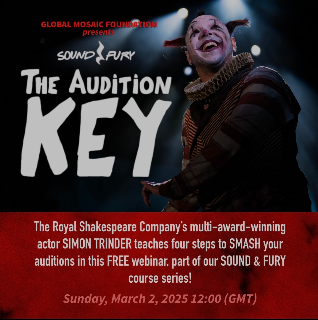 The Audition Key — a performer in clown makeup and ruff, lit from above.