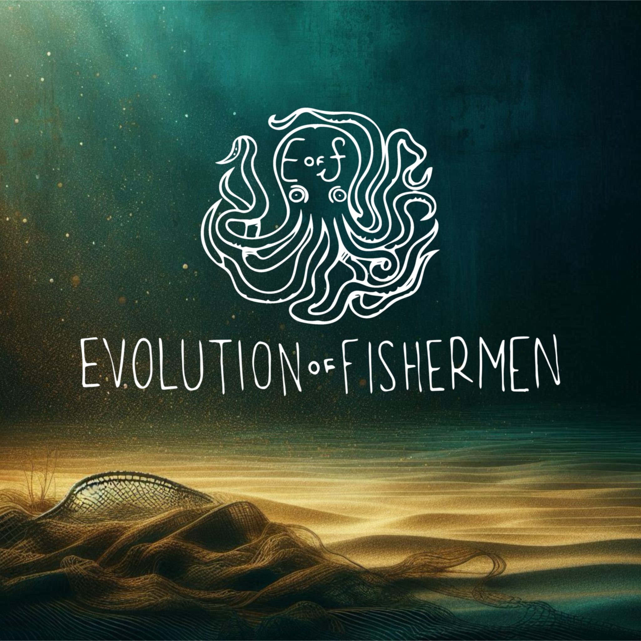 Evolution of Fishermen — identity. A hand-drawn octopus whose tentacles form a monogram, set above hand-lettered capitals on a seabed of drowned netting.