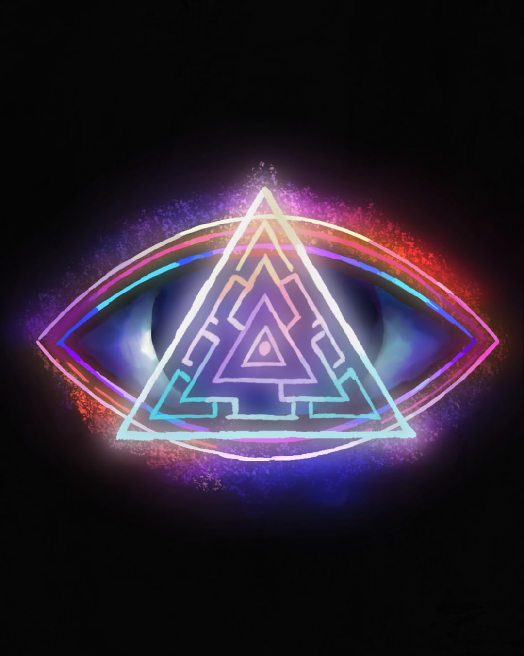 A neon-line eye on black, its iris built from nested triangles that resolve into a labyrinth, lit in pink, violet and cyan.