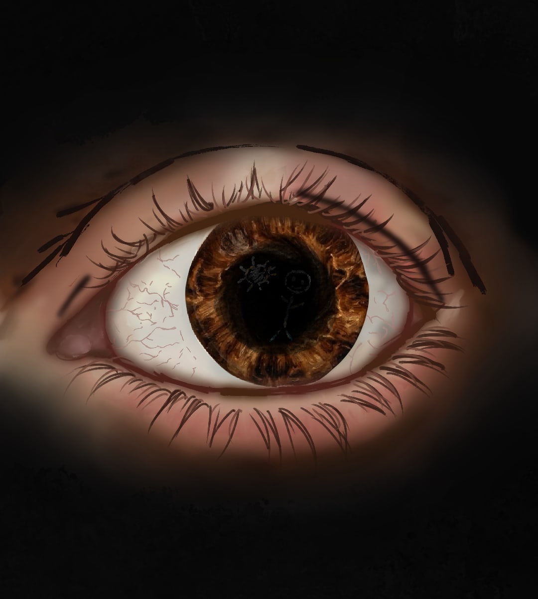 A painted human eye, wide open. Inside the black of the pupil, a child’s chalk drawing — a stick figure and a small sun — is still just visible.