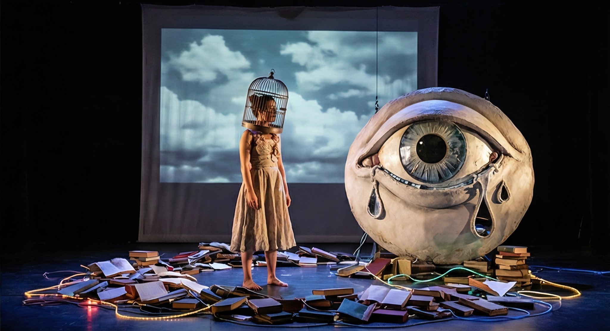 A performer stands with a birdcage over her head beside a giant weeping eye, amid a sea of open books.