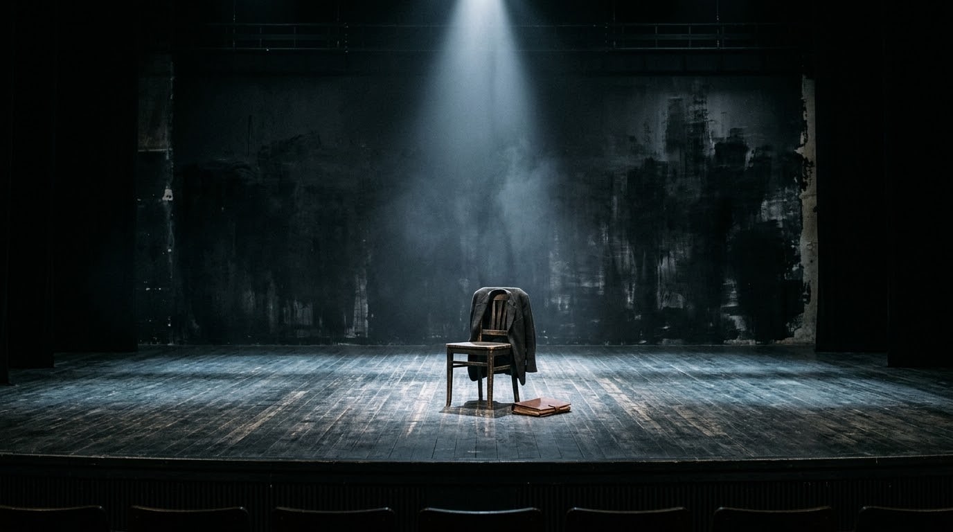 A single wooden chair centre stage, a dark jacket over its back and a book on the floor beside it, under one hard shaft of light against a black painted wall.