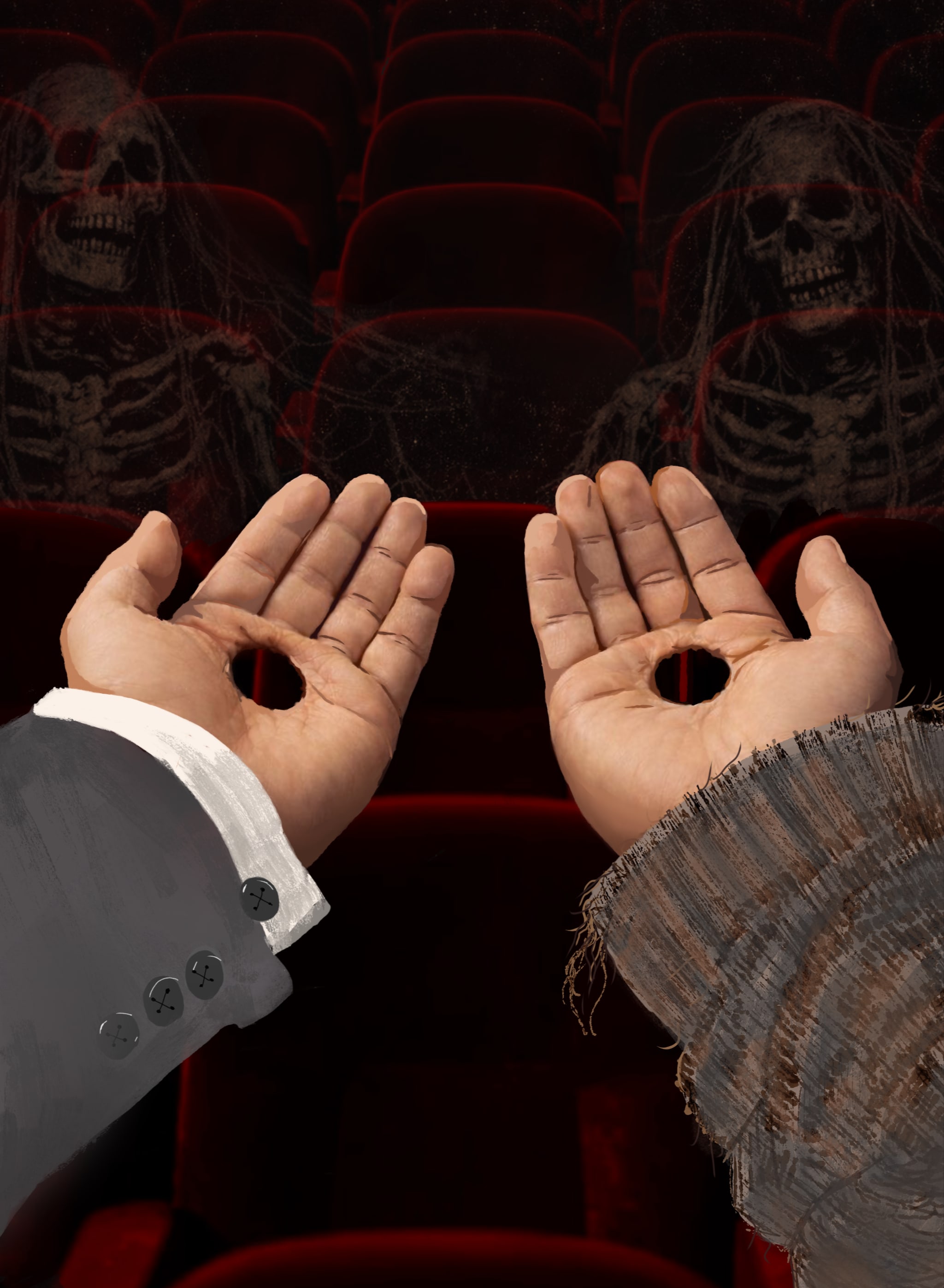 Two upturned palms pierced with holes, before a crimson auditorium of spectral skeletons.