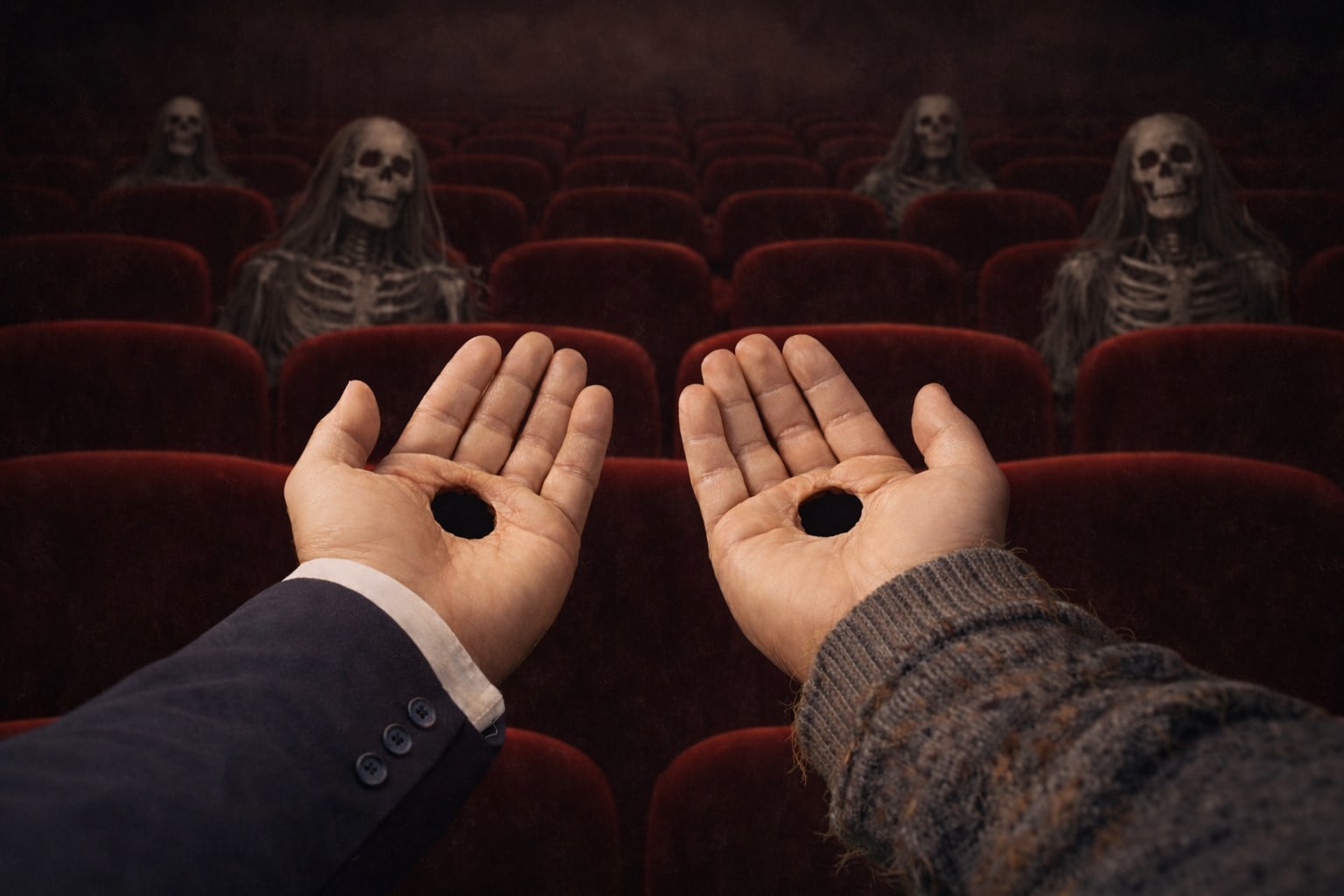 Two open palms, each pierced through, held out over a crimson auditorium where spectral skeletons sit among the empty seats. One wrist wears a tailored suit; the other, a worn knitted sleeve.
