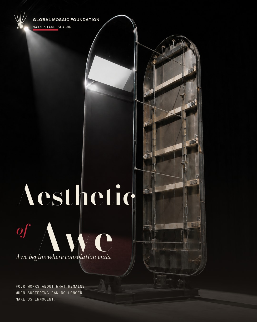 Aesthetic of Awe season announcement: two tall mirrored panels standing on a dark stage under a single beam, one reflecting the light, the other showing its bare timber frame. The title reads Aesthetic of Awe, above the line Awe begins where consolation ends.