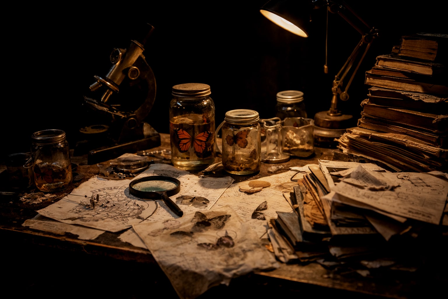 A naturalist’s desk: a microscope, specimen jars holding butterflies, stacked books and scattered charts under a lamp.