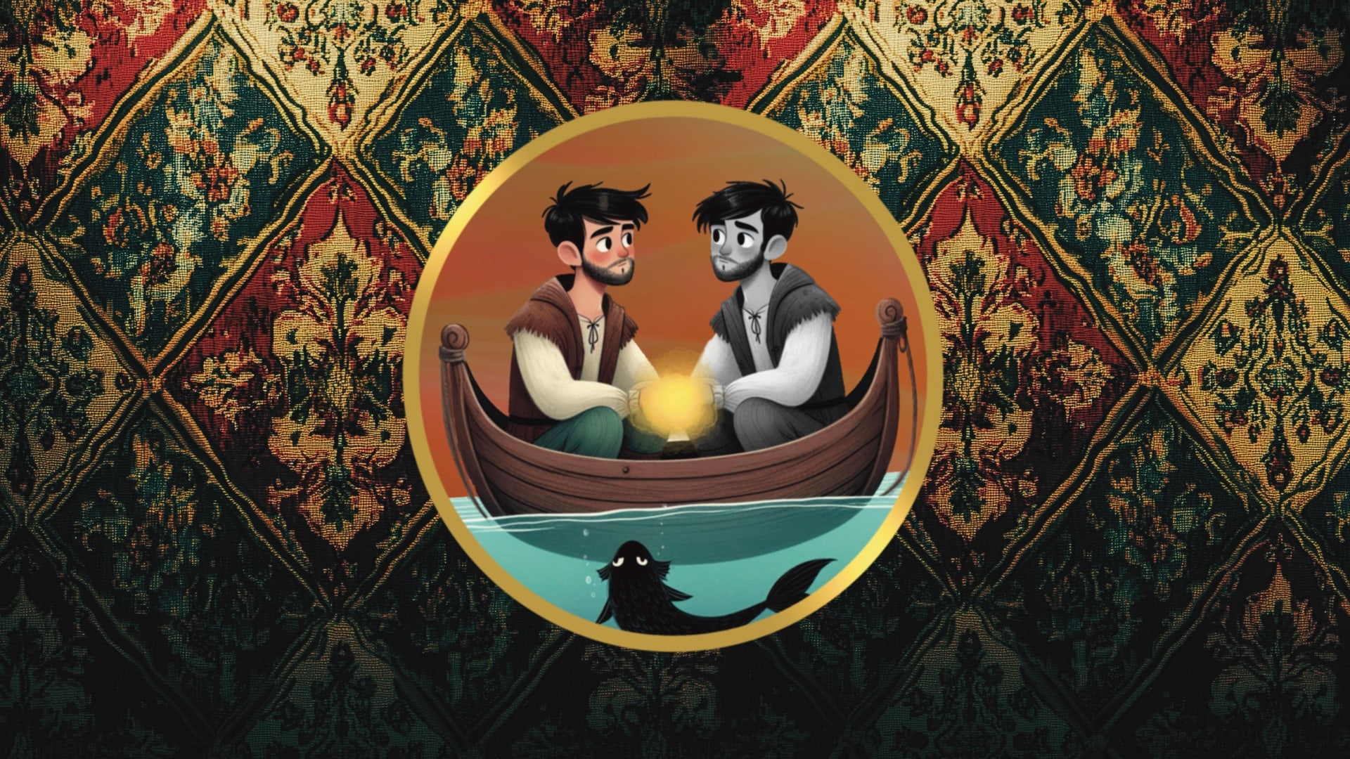 A gilt roundel on a tapestry ground: two figures in a boat above a dark sea creature.