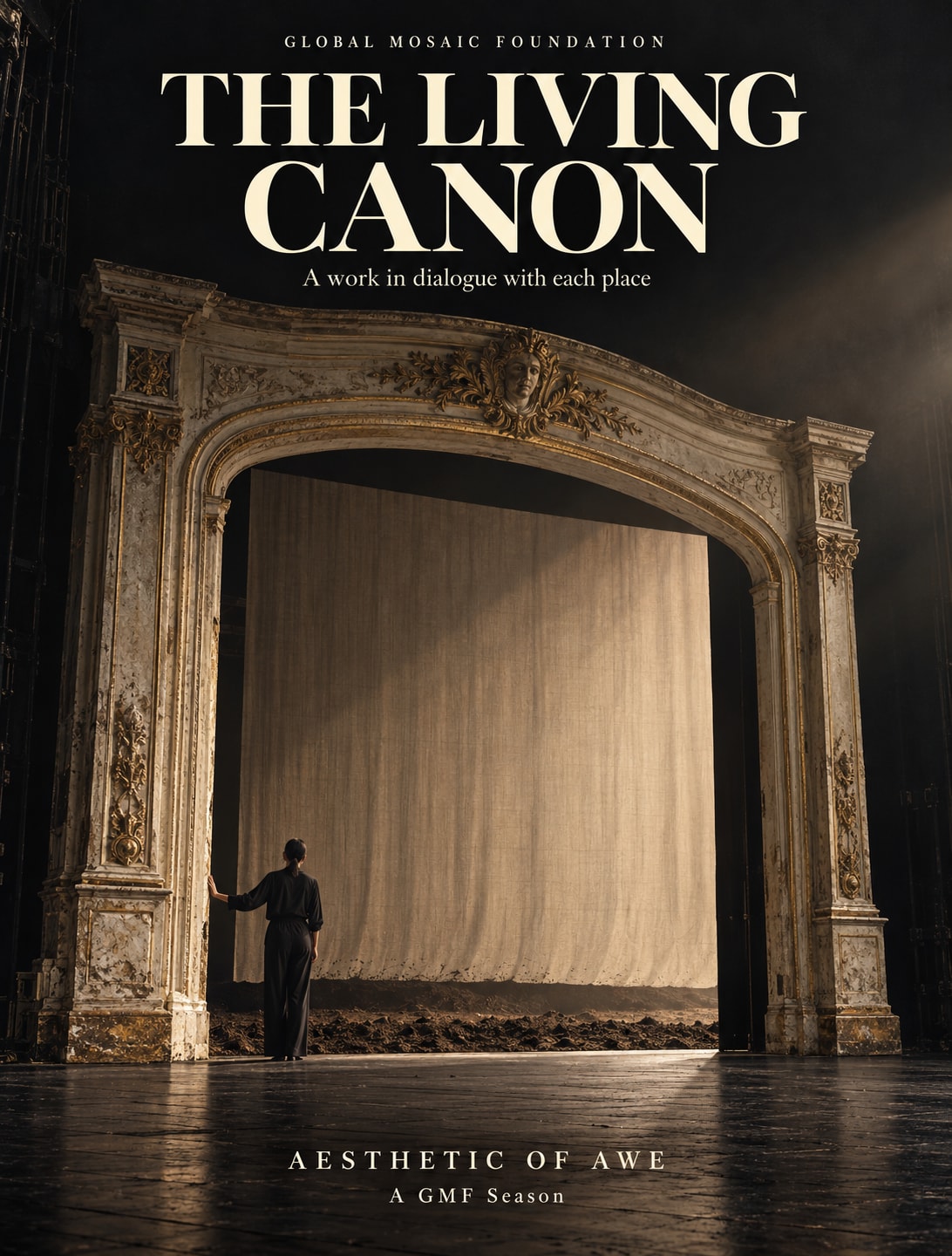 The Living Canon poster: a gilded proscenium arch standing on a bare stage, a woman in black with her hand on its frame, a raw linen drape hanging within and earth scattered across the boards.