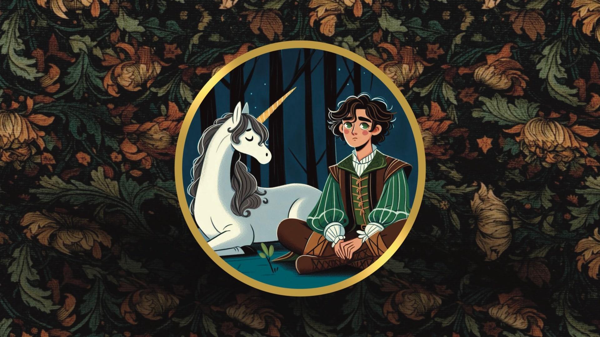 A gilt roundel on a tapestry ground: a young man seated beside a unicorn in a night forest.